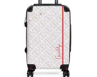 Customizable Suitcase, Hard-shell Luggage with Cursive Text and Greek Key Inspired Design, Unique Personal Gift Carry On, Check In Suitcase