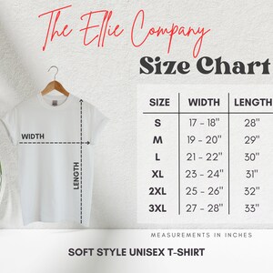 May include: Size chart for a unisex t-shirt with measurements in inches. The chart shows the width and length of the shirt in sizes S, M, L, XL, 2XL, and 3XL.