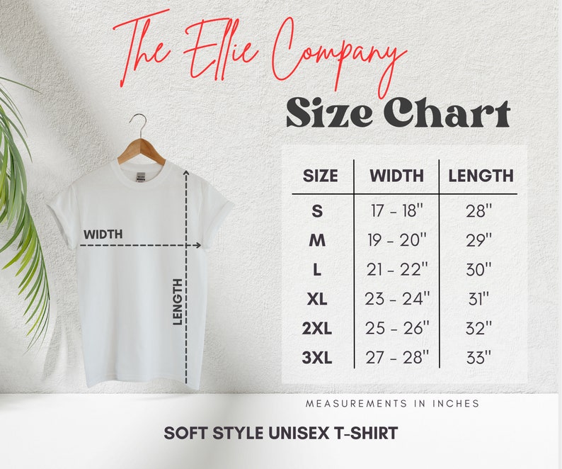 May include: Size chart for a unisex t-shirt with measurements in inches. The chart shows the width and length of the shirt in sizes S, M, L, XL, 2XL, and 3XL.