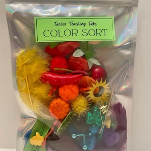 May include: A holographic resealable plastic bag containing a variety of small colorful objects for a color sorting activity. A green label on the front reads Tusler Teaching Tubs COLOR SORT. The bag includes red, yellow, orange, green, and purple items.