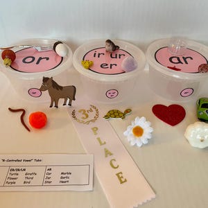 R-Controlled Vowel Letter Tubs with Mini Objects - 6 objects per tub, pink labeled tubs, list of objects included - Great for Speech Therapy