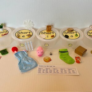 May include: Five clear plastic containers labeled "Short a", "Short e", "Short i", "Short o", and "Short u". Each container has a different object inside, such as a plant, a fence, a pig, a rock, and a cup. The containers are on a light brown surface with other objects scattered around them, including a red ball, a blue dress, a green sock, a brown box, and a yellow sun.