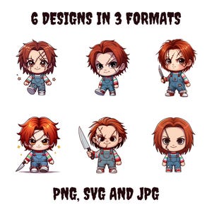 Chucky SVG Bundle - Cute Chibi Horror Character PNG, Slasher Movie SVG, Too Cute to Spook Halloween Digital Download
