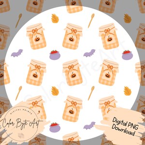 Pode incluir: Um padrão repetitivo de ilustrações com tema de Halloween. O design apresenta potes com rostos de abóbora, colheres de madeira, morcegos roxos, folhas laranja e pequenos potes roxos. Os potes têm padrões de xadrez laranja. O texto "Digital PNG Download" é visível.