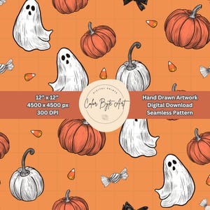 Könnte beinhalten: Nahtloses, orangefarbenes Muster mit handgezeichneten Kürbissen, Geistern, Zuckermais und verpackten Süßigkeiten. Das Design enthält den Text "Color Byte Art" und "Hand Drawn Artwork Digital Download Seamless Pattern". Das Muster ist 30,48 cm x 30,48 cm bei 300 DPI.