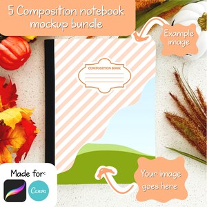 May include: A composition notebook mockup bundle with a cover featuring diagonal peach stripes, a label that says "COMPOSITION BOOK", and a black spine. The image includes text that says "5 Composition notebook mockup bundle", "Example image", and "Your image goes here".