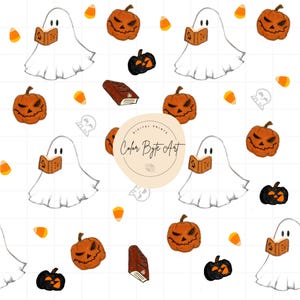 Bookish Halloween Ghosts Seamless Pattern 300 DPI PNG Instant Download Digital Papers Vinyl Fabric Surface Design Fall Books File Book lover