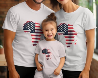 African Continent Map USA Flag T-Shirt, Patriotic American Africa Roots Tee, Unisex Graphic Shirt for Men and Women