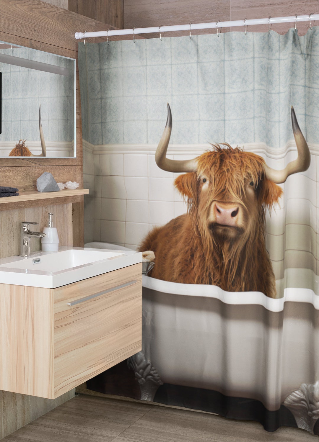 Shower Curtain Highland Cow in Tub Shower Curtain Whimsical Etsy