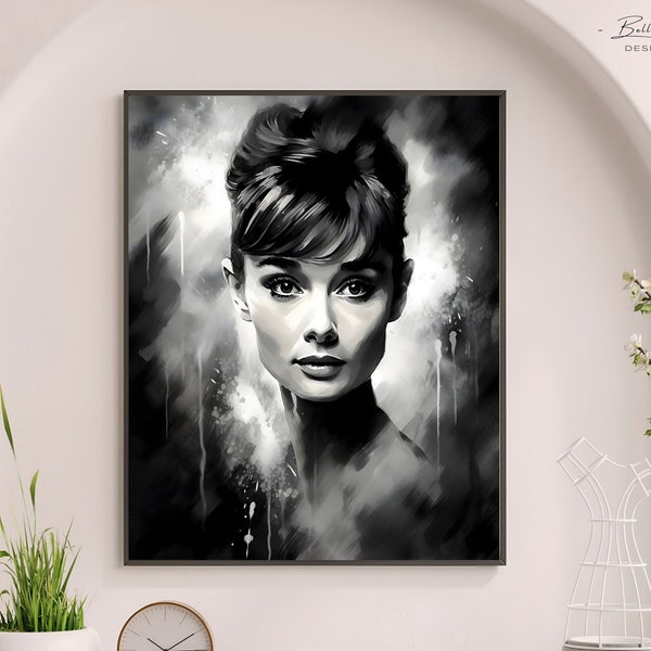 Audrey Hepburn Art Print  Black and White Contemporary Print, Audrey Hepburn Poster, Old Hollywood Decor, Ink Art Print, Fashion Wall Art