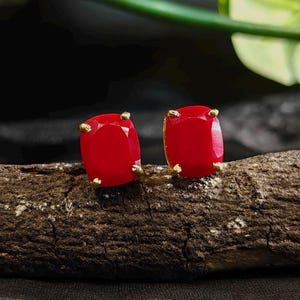 Könnte beinhalten: Ein Paar quadratischer, leuchtend roter Ohrstecker mit goldfarbenen Zinken. Die Ohrringe werden auf einem Holzstück vor einem dunklen Hintergrund mit grünem Laub präsentiert.