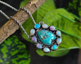 Turquoise Opal Cluster Earring and Pendant Set, Sterling Silver Multi Stone Jewelry, Blue Opal Statement Jewelry, Boho Gemstone Gift