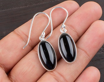 Handmade Oval Black Onyx Silver Plated  Earrings, Boho Jewelry