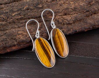 Natural Tiger Eye Silver Plated  Dangle Earrings