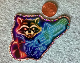 Rocket Raccoon Neon Glitter Vinyl Sticker | Guardians of the Galaxy | Marvel | Cosmic Sparkle
