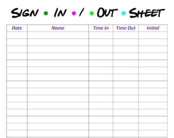 Sign in and Out Sheet Printable Form, Digital File, Instant Download ...
