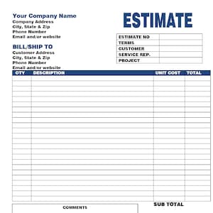 ESTIMATE INVOICE Blue Template Printable Form Rich Style Edition Etsy