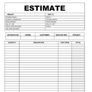 ESTIMATE INVOICE White Lined Template Printable Form Editable