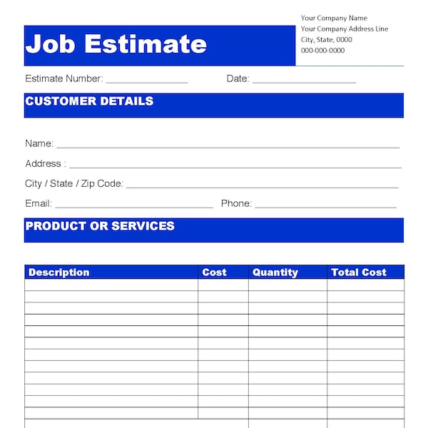Job Estimate-Invoice. PDF/Google Docs/Microsoft Word. Contractor Estimate-Invoice. Job Estimate & Invoice Template