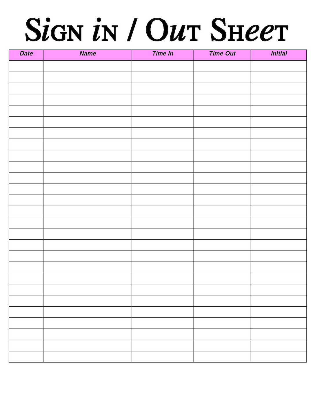 Sign in and Out Sheet Printable Form, Digital File, Instant Download ...