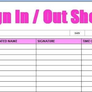Sign In and Out Sheet Printable Form, Digital File, Instant Download, Editable, Pink-Stylish Edition