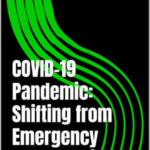 Könnte beinhalten: Ein Buchcover mit schwarzem Hintergrund und hellgrünen Wellenlinien. Der weiße Text lautet Stephen Ene, COVID-19 Pandemic: Shifting from Emergency to Debugging. Das Design ist vertikal mit fetter, serifenloser weißer Schrift.