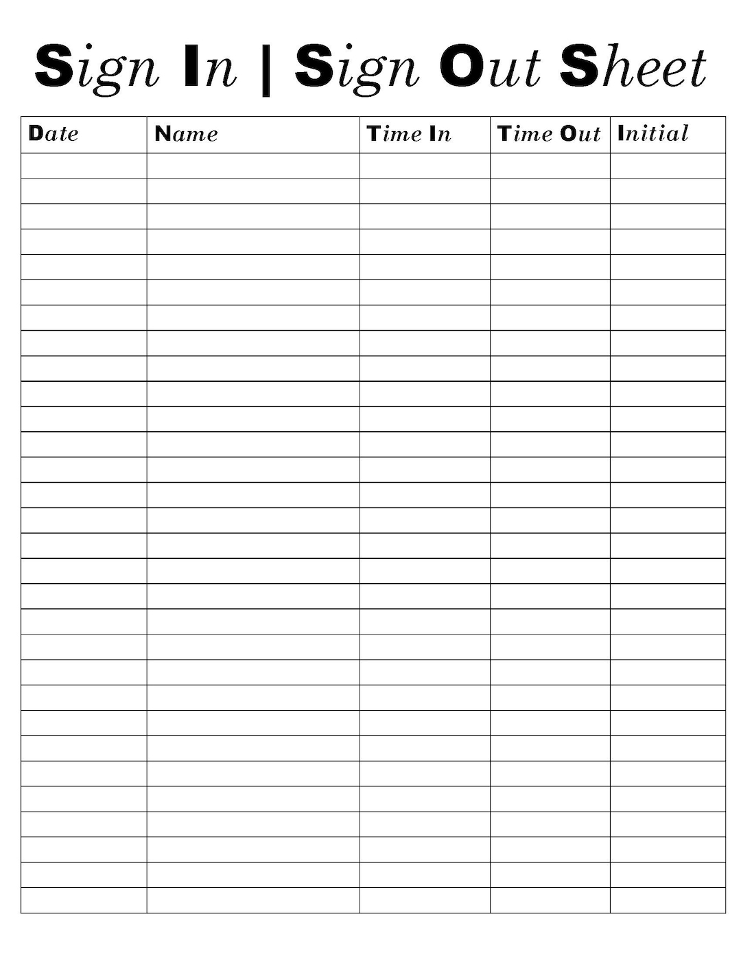 Sign in and Out Sheet Printable Form Digital File Instant Download