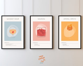 Set of 3 Cocktail Prints • Retro Cocktail Wall Art • Minimalist • Bar Cart Decor • Wall Decor • Digital Download Printable Cocktail Art
