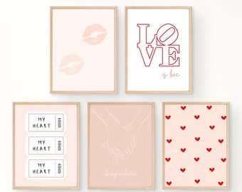 Valentine's Day Minimalist Set of 15 Wall Arts | Pink Trendy Decor | Love Bundle | Pastel Gallery Wall | Pink Red Prints | Digital Download