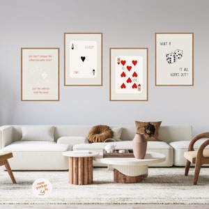 Retro Wall Decor Set of 4 | Ace of Hearts | Playing Cards | Lucky You Wall Art | Red Poster | Printable | Modern Bar Cart | Digital Download