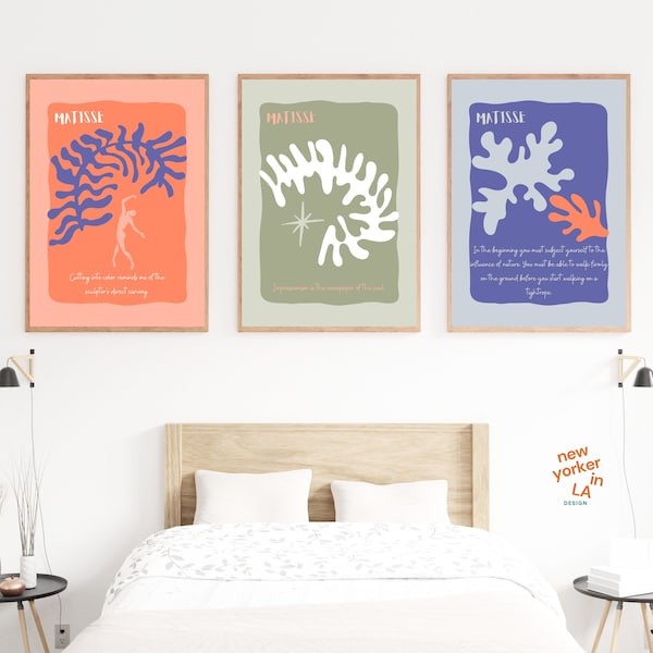 Coral Green Blue Matisse Inspirational Quotes Wall Art • Set of 3 • Matisse Poster • Retro Digital Print Set • Gallery Wall Set • Printable