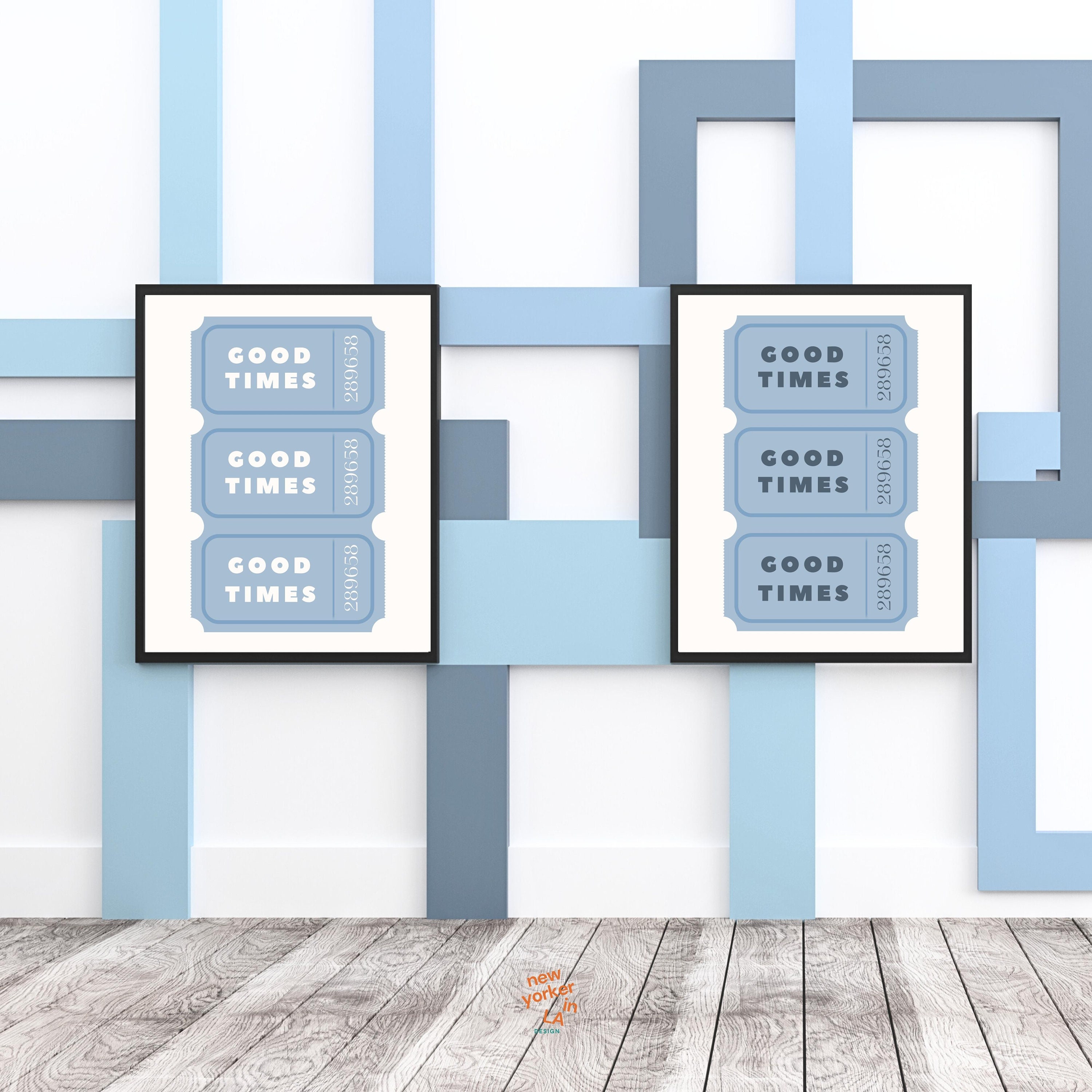 Set of 2 Blue Good Times Ticket Print • Retro Trendy Wall Art • 2 