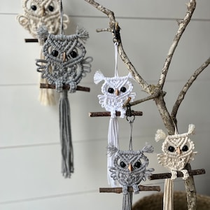 May include: Five macrame owl ornaments hanging from branches. The owls are made with white, gray, and beige yarn. Each owl has a wooden dowel perch and a tassel hanging from the bottom.