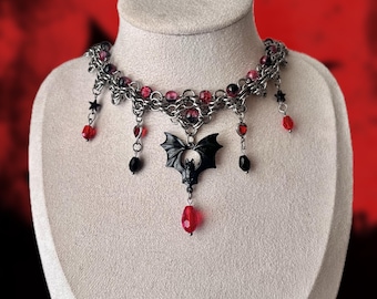 Gothic Bat Chainmail Choker Necklace – Vampire Jewelry with Red & Black Beads, Statement Necklace