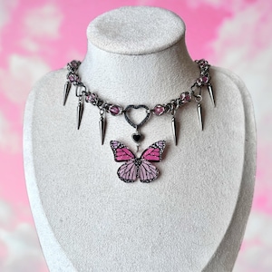 Pink Butterfly Chainmail Choker – Heart Chain Necklace with Spikes & Beads - Alt Fairy Grunge Jewelry
