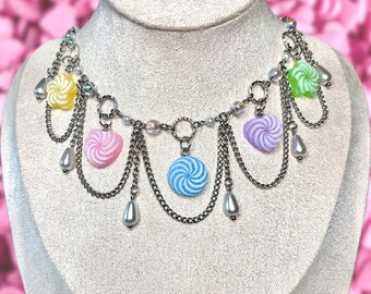 Pastel Swirl Necklace: Candy charm necklace, pearl beaded, handmade layered choker