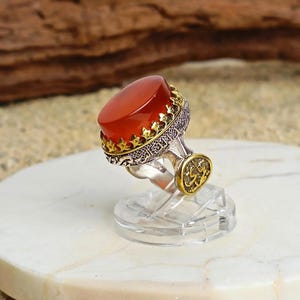 Natural Orange Khurasani Agate Stone Aqiq l &quot;Ya Mahdi&quot; Ring Calligraphy l Shia Ring 925 Sterling Silver