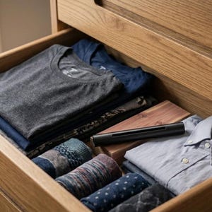 May include: Open wooden drawer filled with folded clothing. Includes gray and navy t-shirts, patterned socks, and a light blue button-down shirt. A black rectangular object and a cedar block are also visible.