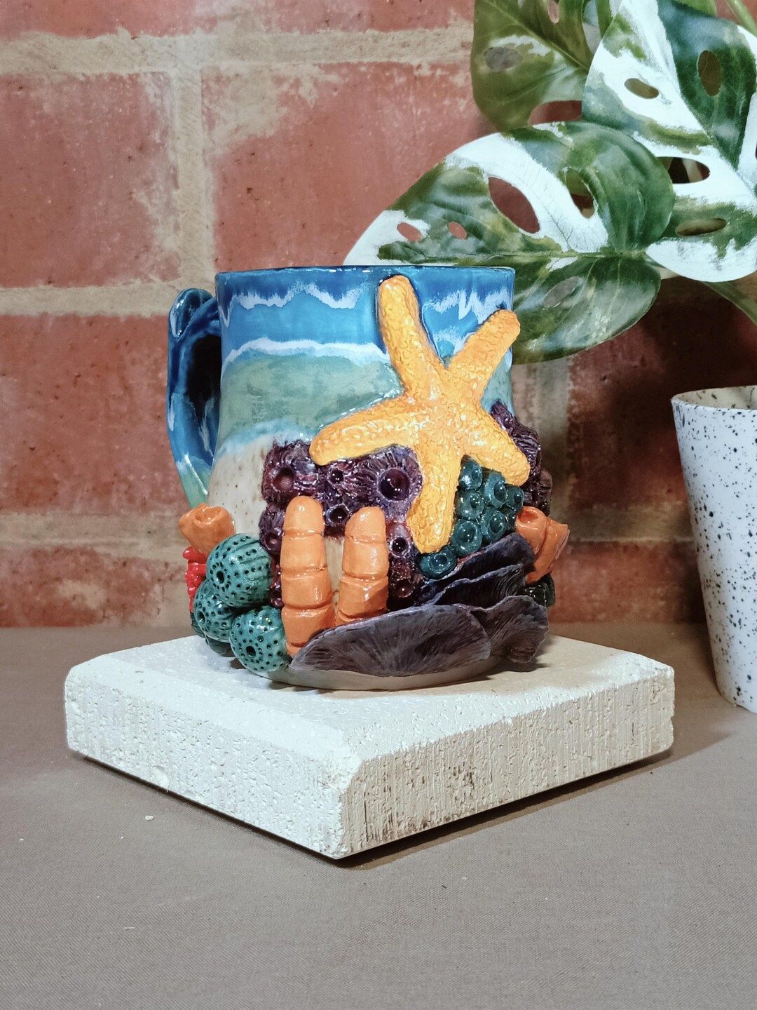 Mediterranean Hand Painted Party Thin Striped Mug in Coral