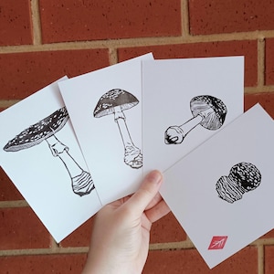 Lino Print Mushroom Art | Cottagecore Decor | Nature and Botanical Study Prints | Amanita Muscaria | Fly Agaric | Toadstool | Set of 4