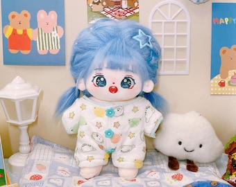 20CM Plush Doll with Skeleton, Kawaii Plush Doll, Sweet Cotton Doll, DIY Cotton Doll, Gift for Doll Lovers, Blue Hair, Clothes Not Included