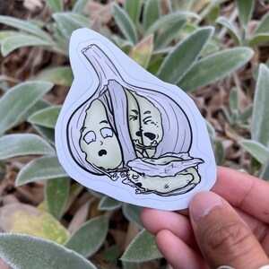 May include: A white sticker with a cartoon illustration of a garlic clove with two faces. One face is surprised and the other is angry. The sticker is on a green leafy background.