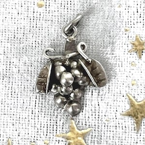 May include: A silver-toned metal charm shaped like a cluster of grapes with two leaves at the top. The charm features a small loop at the summit for attachment and has a polished, reflective surface with rounded, spherical grape details.