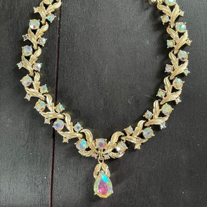 Coro Aurora Borealis Rhinestone Leaf Necklace, 1950s Vintage Choker