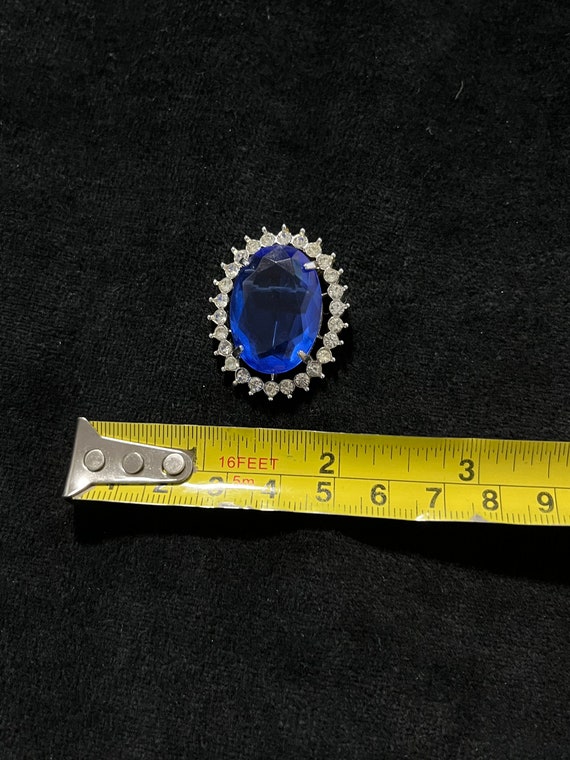 Vintage Blue Glass and Rhinestone Brooch Pin 1980s - image 5