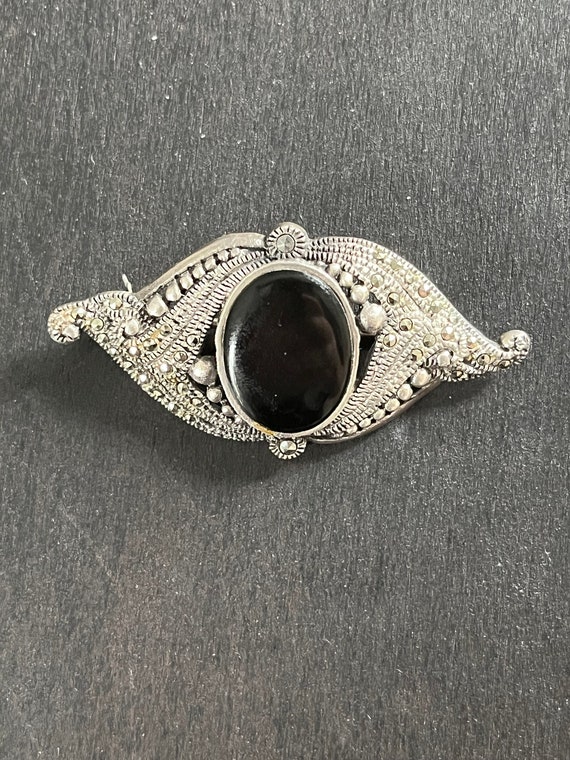 Onyx and Marcasite Sterling Silver FAS Vintage Pin