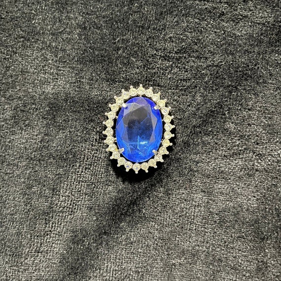 Vintage Blue Glass and Rhinestone Brooch Pin 1980s - image 1