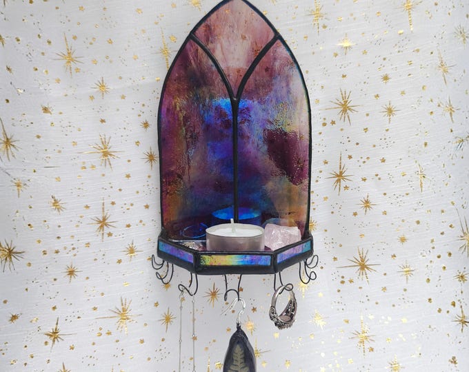 Featured listing image: Stained Glass Gothic Arch Window Wall Altar Jewellery Organizer Crystals Shelf
