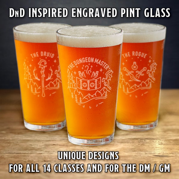 Dungeons and Dragons engraved pint glass set, D&D Class etched beer glass bundle, TTRPG Dungeon Master / Game Master gift for him and her