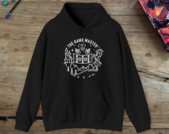 May include: Black hooded sweatshirt with a white graphic design of a castle, dice, and a dragon with the text "The Game Master."